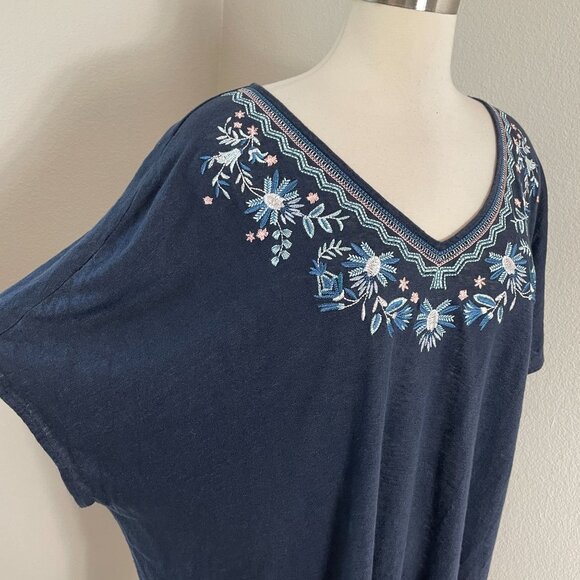 J Jill Womens Plus 4X Navy Blue 100% Linen Embroidered Floral Tunic Top V Neck - Picture 2 of 11